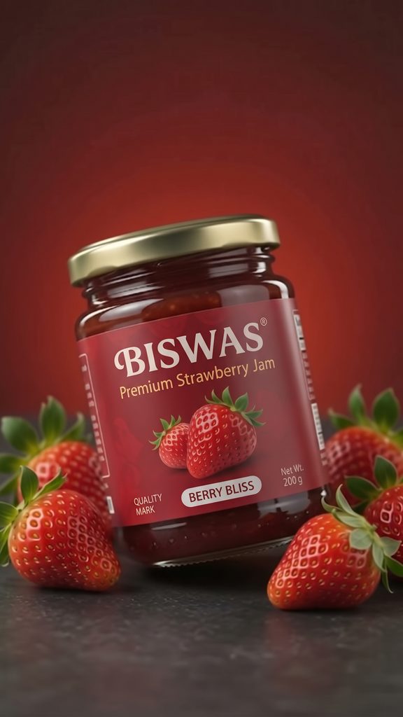 SB BISWAS Premium Strawberry Jam product used for an AI video commercial