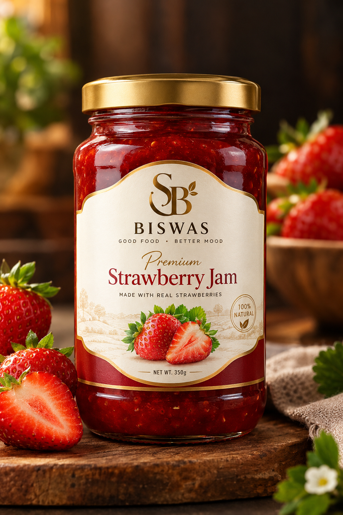 SB BISWAS Premium Strawberry Jam product used for an AI video commercial